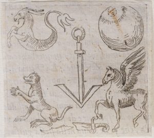 Rappresentazione emblematica con capricorno, sole, luna,scimmia e Pegaso (da I funerali d'Agostino Carracci fatto in Bologna sua patria da gl'incamminati Accademici, Bologna, Benacci, 1603)